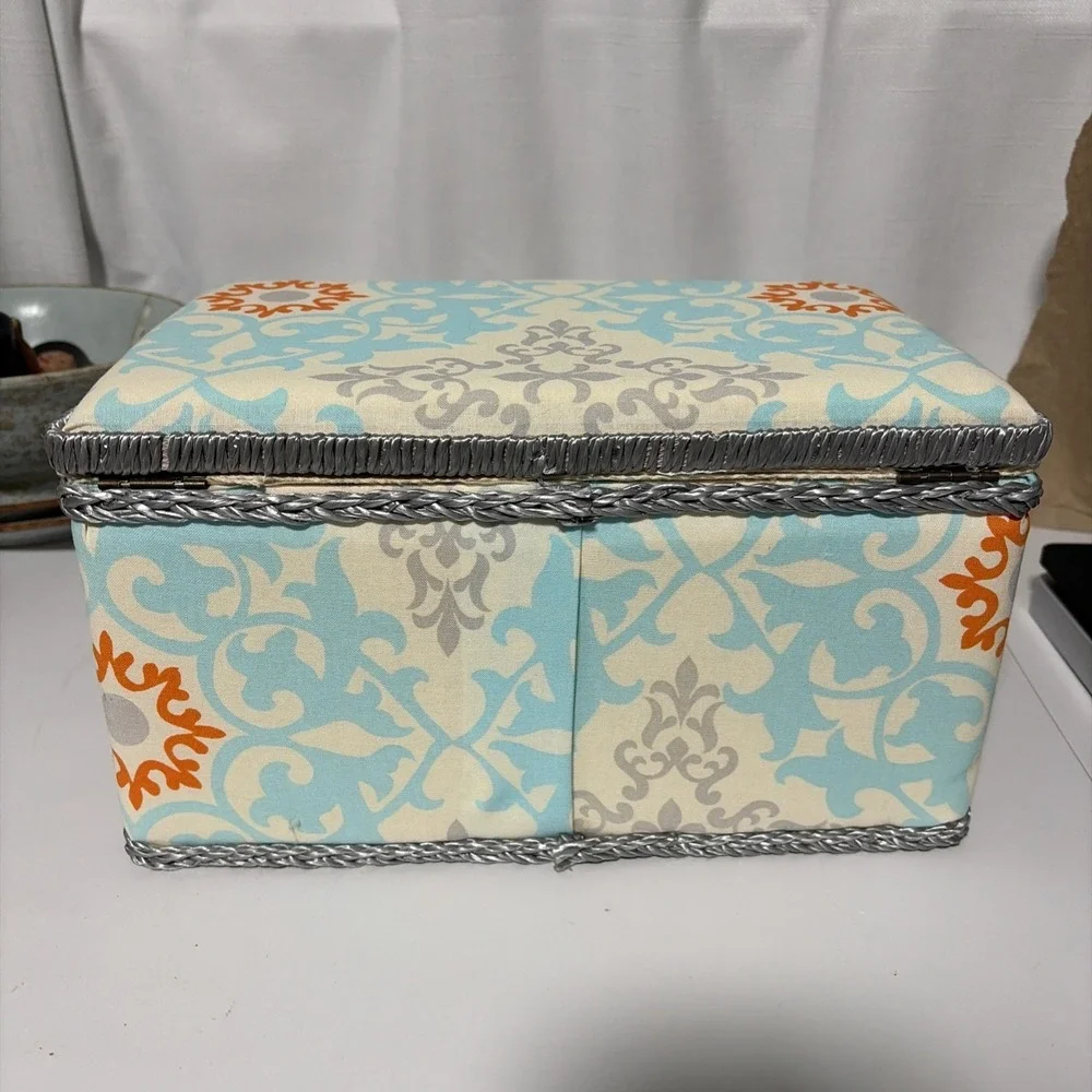 Unbranded Fabric Covered Sewing Box Blue Orange Damask Organizer with Tray